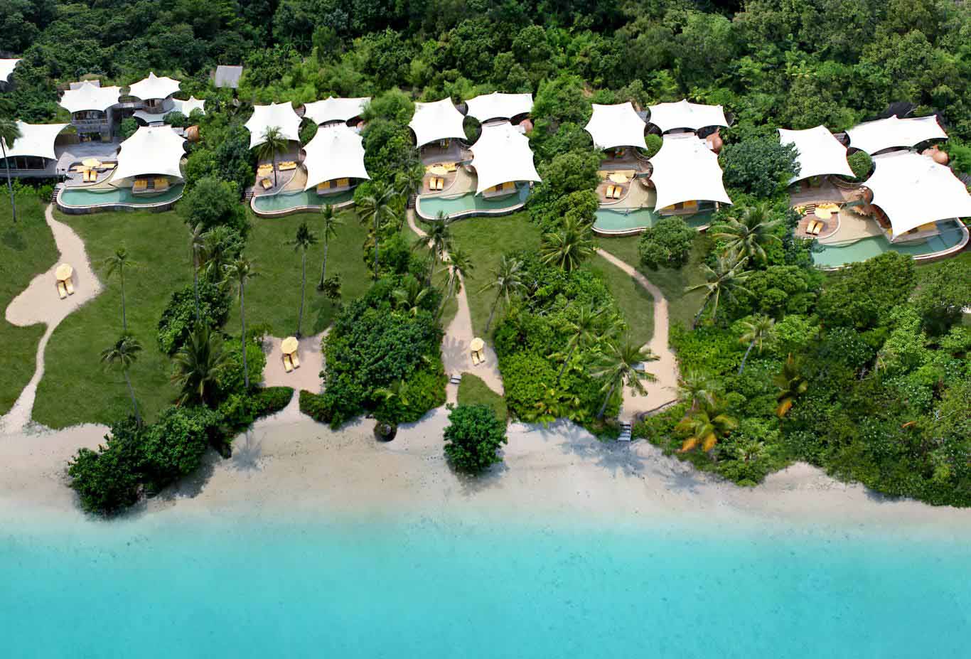 Aerial view of villas at Soneva Kiri luxury resort on Koh Kood, Thailand